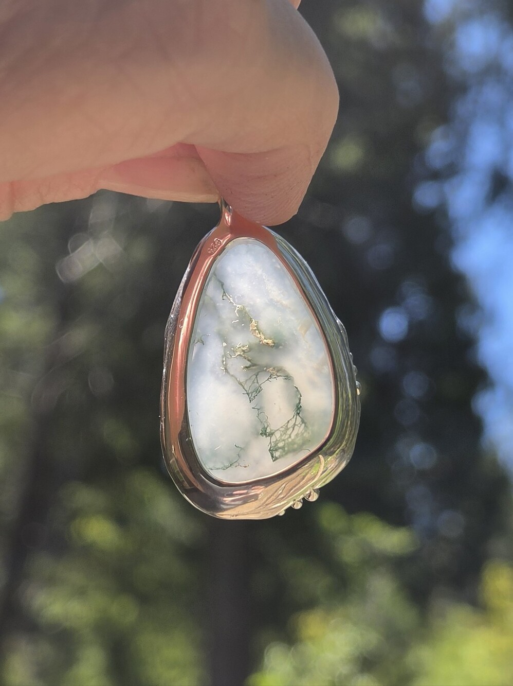 Moss Agate 28karat Natural Gemstone Sterling Pendant - Picture 4 of 8